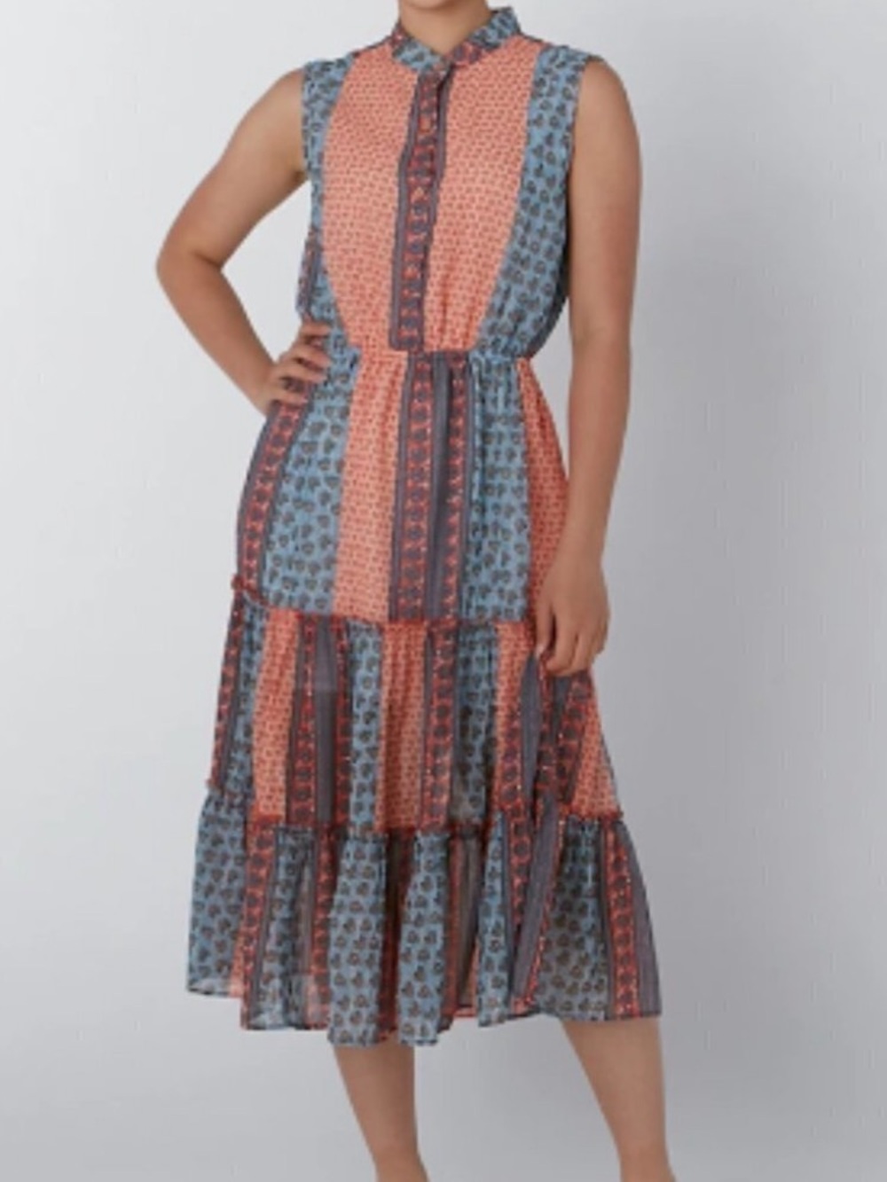 Celestial Blue Patchwork Sleeveless Tiered Midi Dress Size Medium